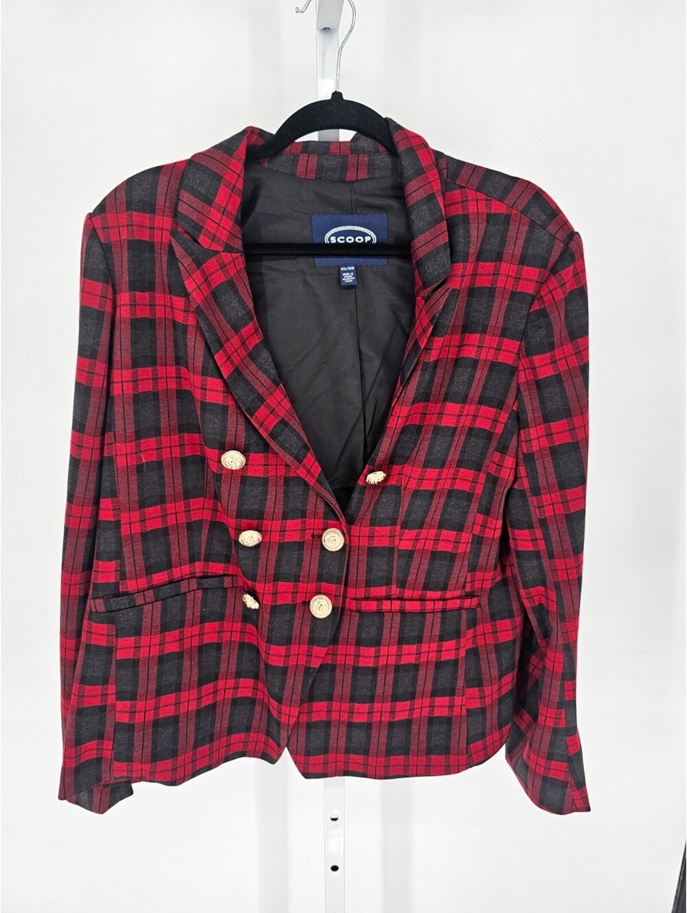 Scoop Womens Sz XXL Double Breasted Blazer Jacket Red Black Plaid Gold Buttons - Picture 1 of 4